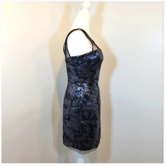 NWOT BCBGMAXAZRIA Abigail Navy Sequin Illusion Mesh Sheath Mini Dress Sz 0 - Picture 8 of 9